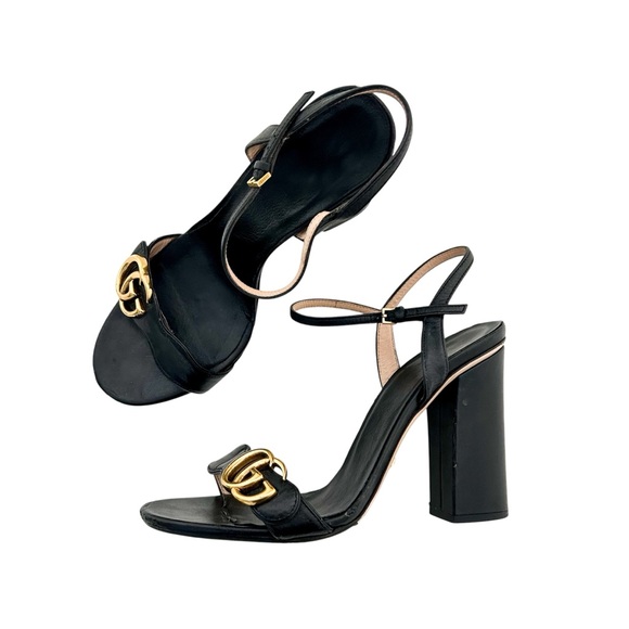 Gucci Shoes - Gucci Marmont GG Logo High Block Heel Ankle Strap Sandals Black Leather EU 39.5